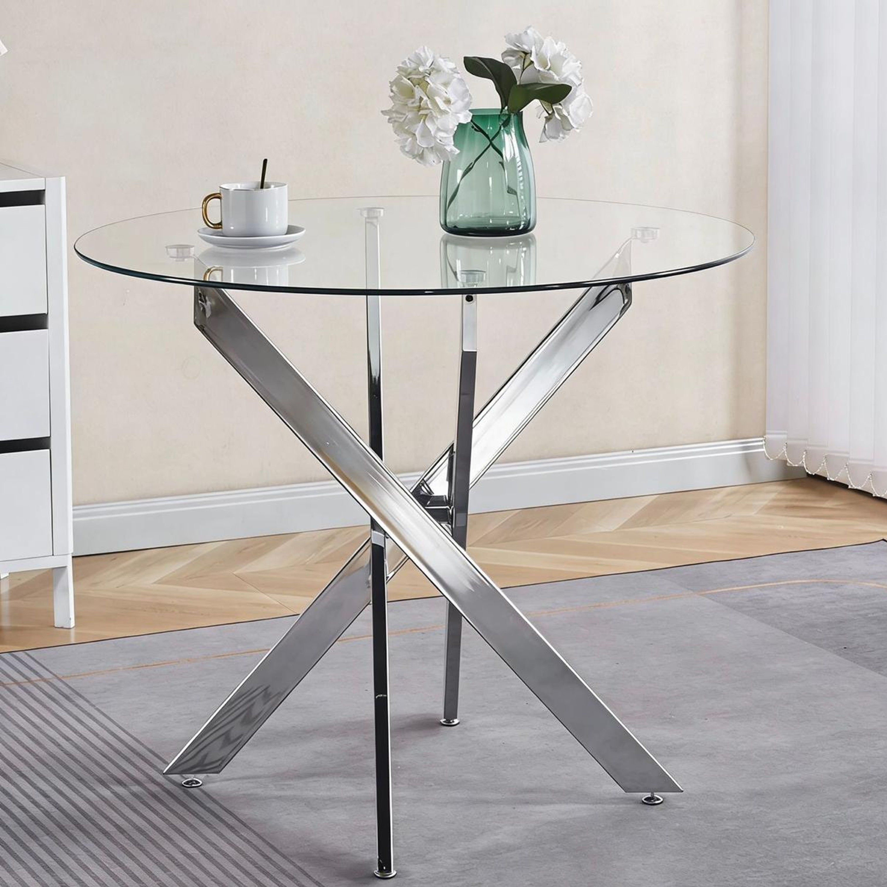 Madiega Furniture - Round Clear Glass Dining Table with Polished Chrome X Base
