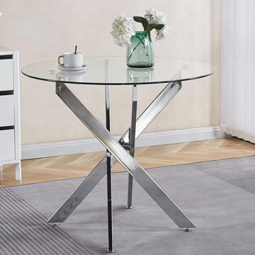 Madiega Furniture - Round Clear Glass Dining Table with Polished Chrome X Base