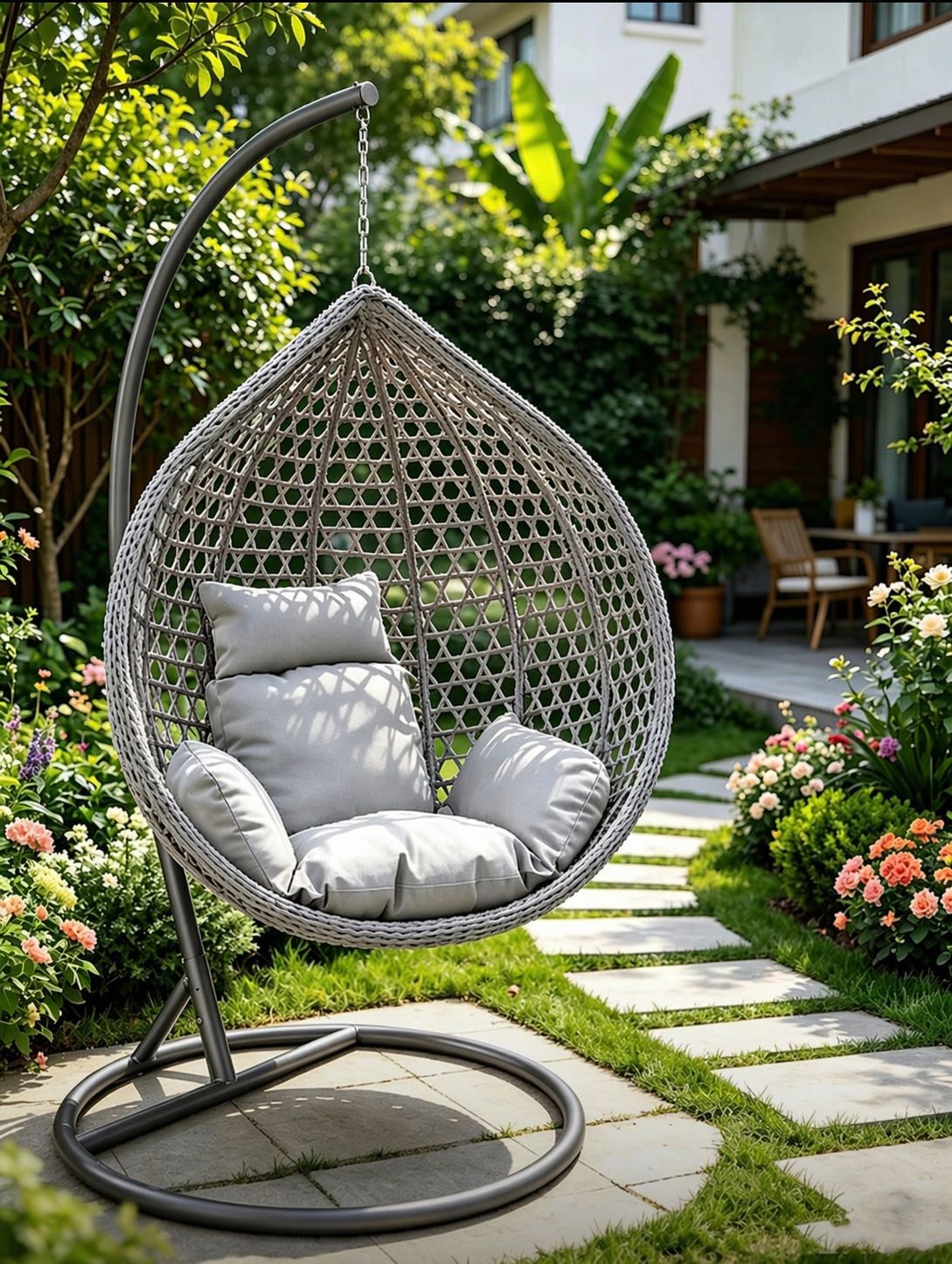 DecorMama Luxury Hanging Egg Chair with Stand – Outdoor Wicker Swing Chair with Cushions for Garden, Patio & Balcony (Grey)
