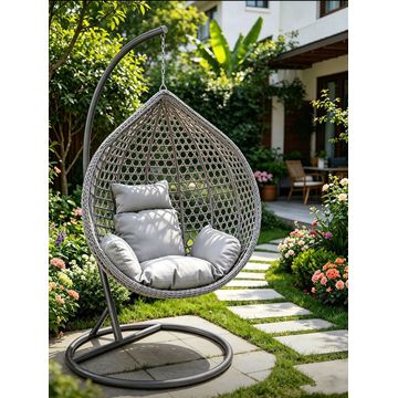 DecorMama Luxury Hanging Egg Chair with Stand – Outdoor Wicker Swing Chair with Cushions for Garden, Patio & Balcony (Grey)