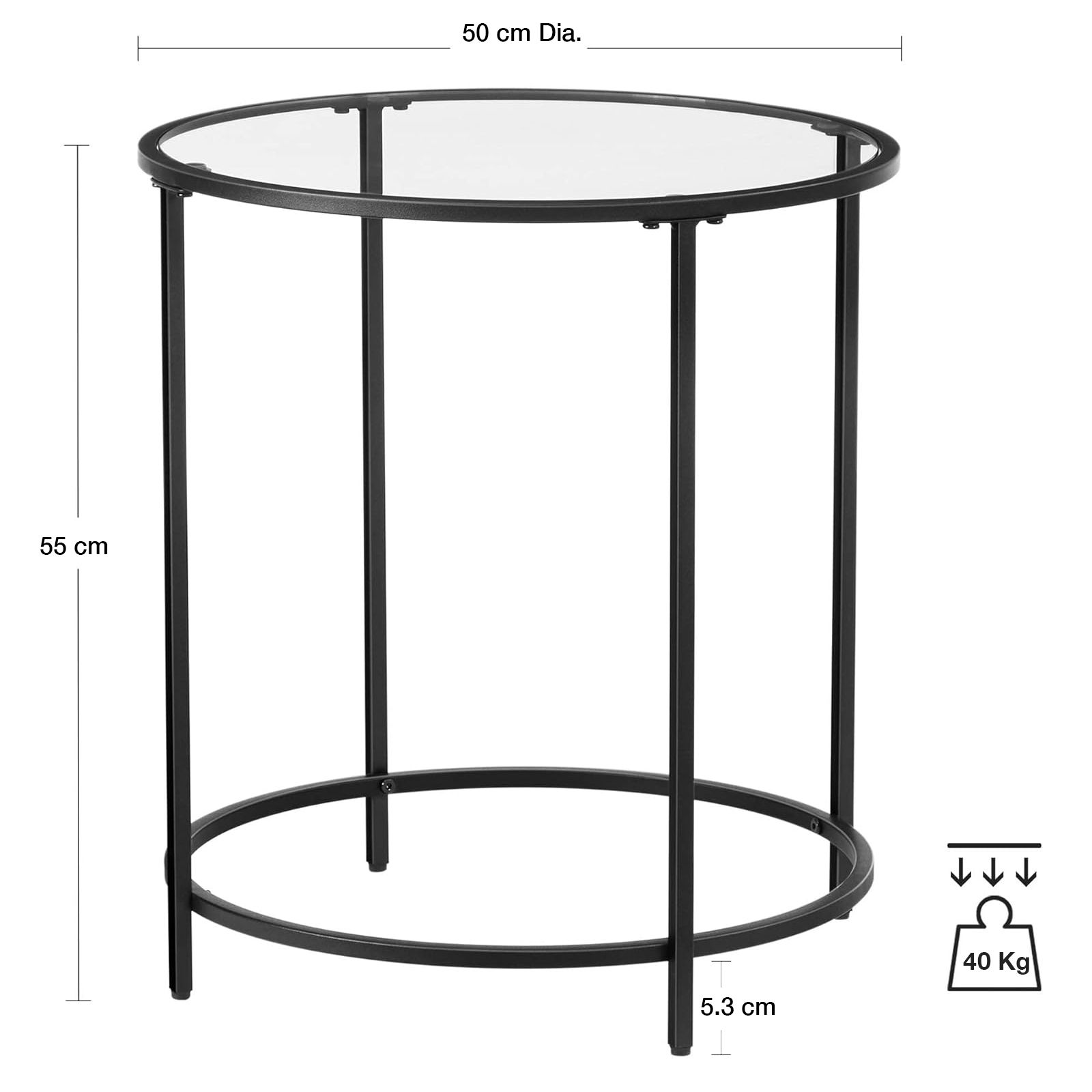 Round Side Table - Glass Top Metal Frame Coffee Table - Black