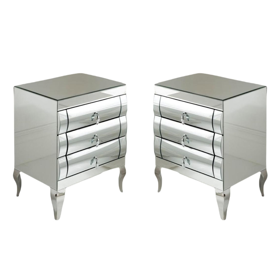 Pristine 3 Drawer Mirror Nightstand Pedestal Set Of Two