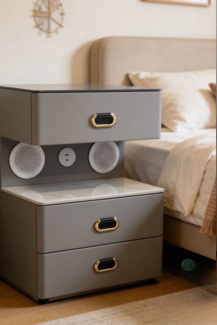 Grey Smart 3-Drawer Nightstand with Built-In Speakers
