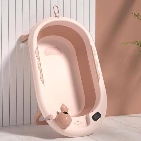 Foldable Baby Bathtub with Thermometer and Anti-Slip Design - Peach