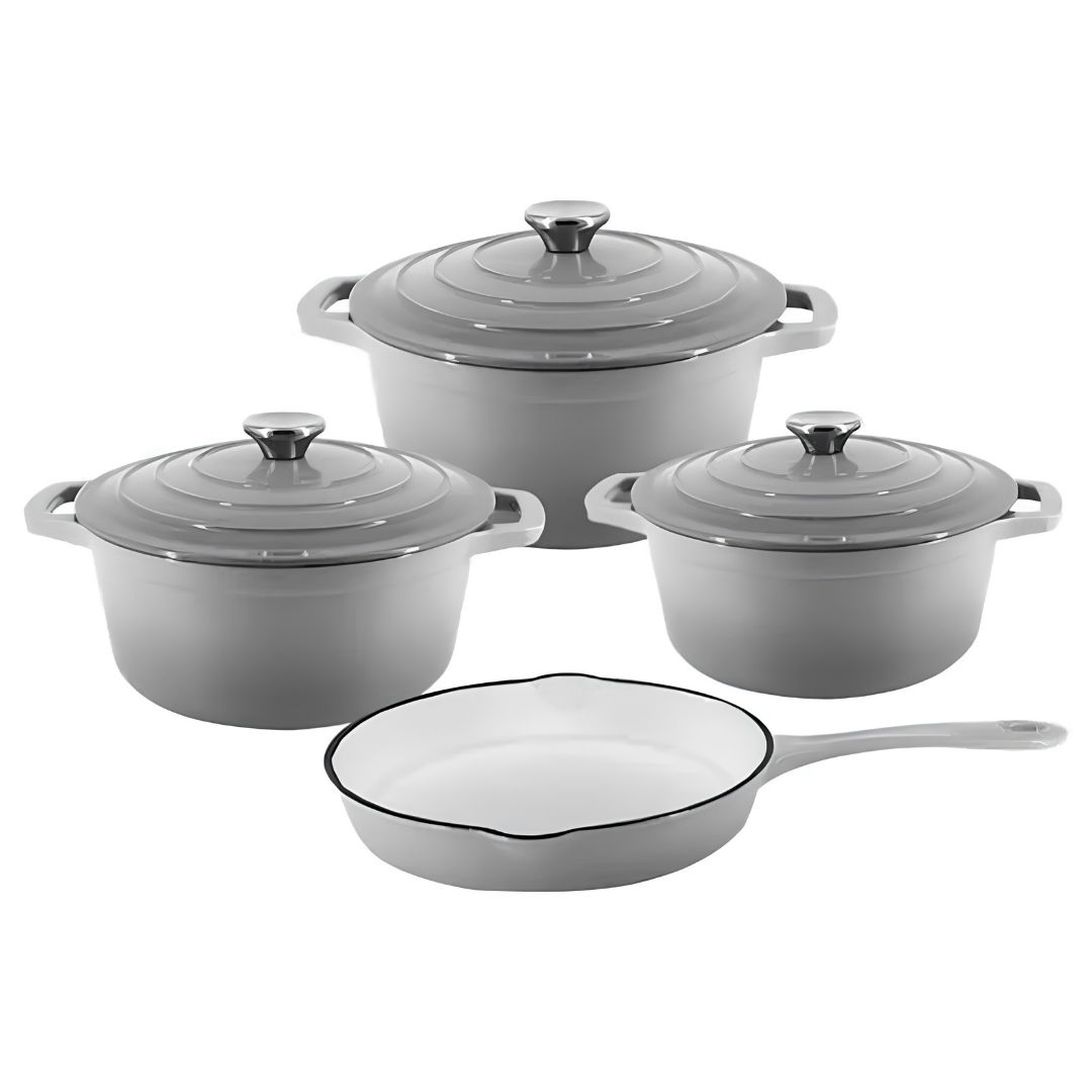 7-Piece Enameled Cast Iron Cookware Set – 3 Round Casserole Dutch Ovens with Lids & Frying Pan (Light Slate Grey)