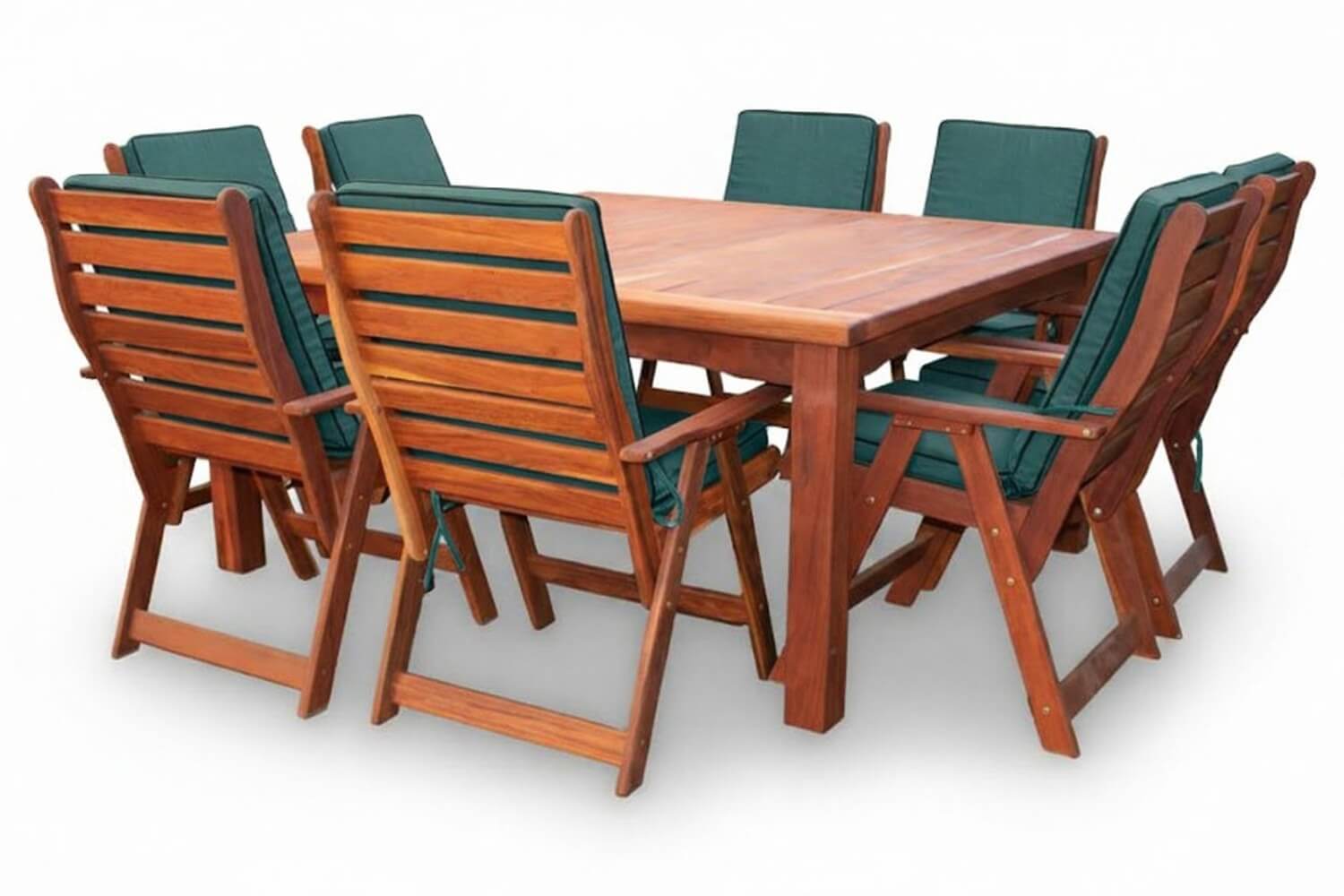 Zambezi Teak Patio Dining Set 8-Seater 1700mm Square x1 Table x8 Highback Chairs (Green Cushions)