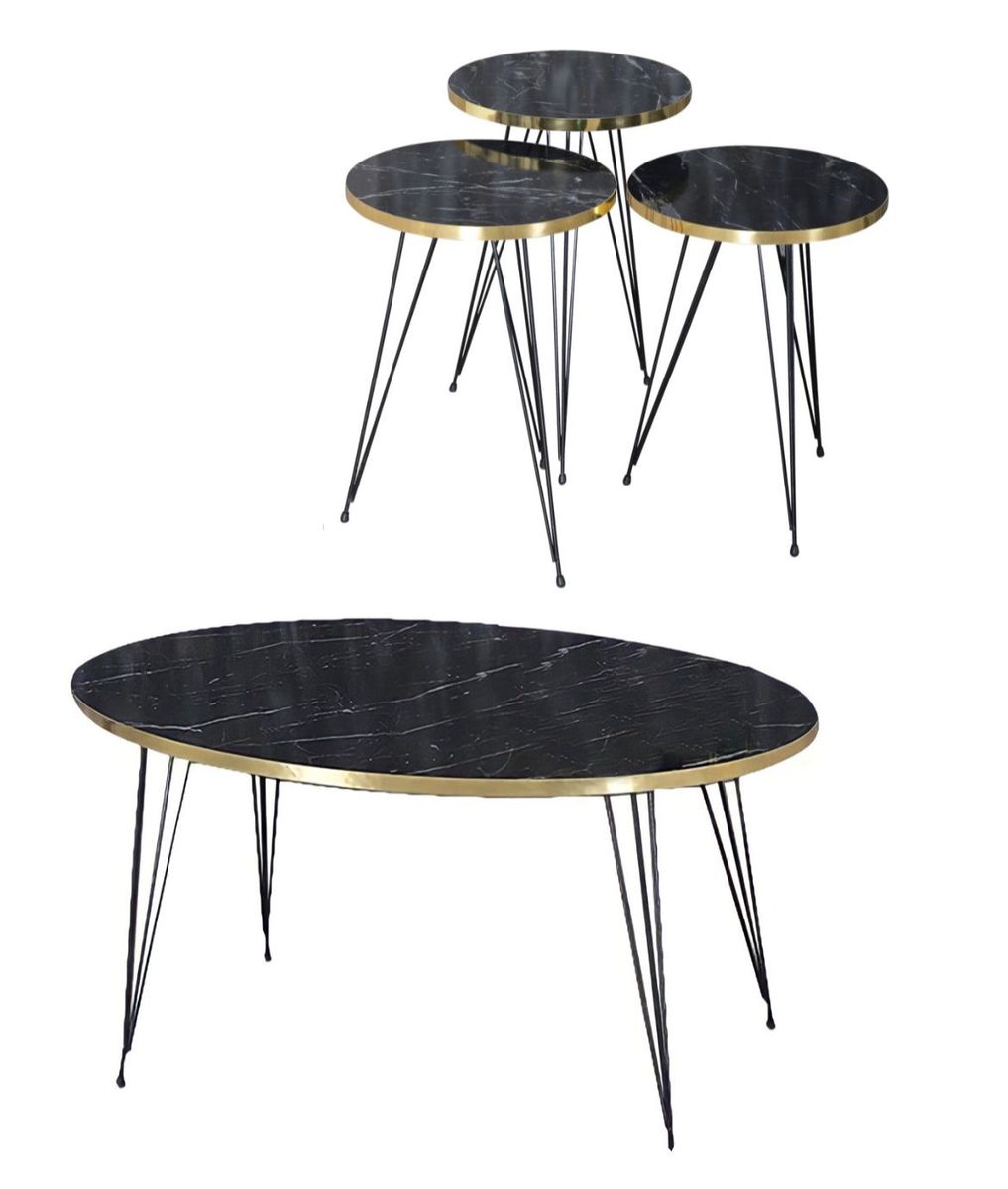 WOODLY Luxurious 3 Piece Round Nesting & Middle Coffee Table Set with Black Legs - Black & Gold Marble