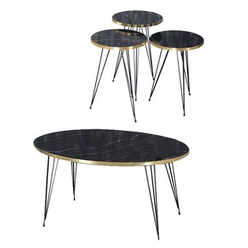 WOODLY Luxurious 3 Piece Round Nesting & Middle Coffee Table Set with Black Legs - Black & Gold Marble