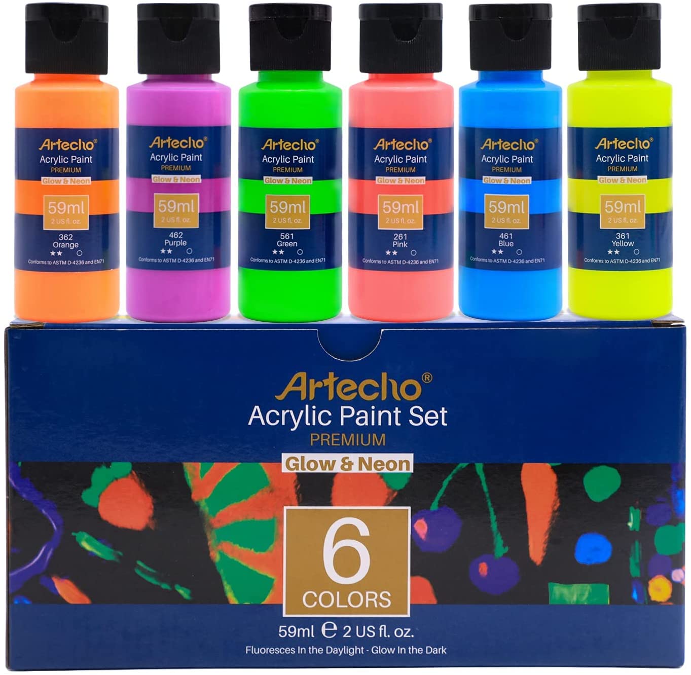 Artecho Glow in the Dark Paint - Set of 6 Colours, 60ml Acrylic Paints