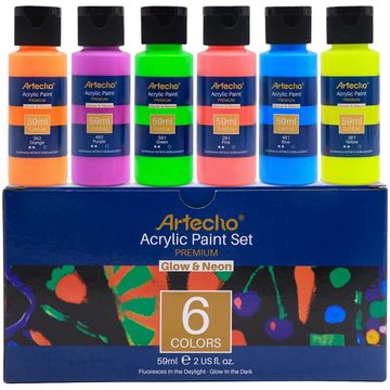 Artecho Glow in the Dark Paint - Set of 6 Colours, 60ml Acrylic Paints