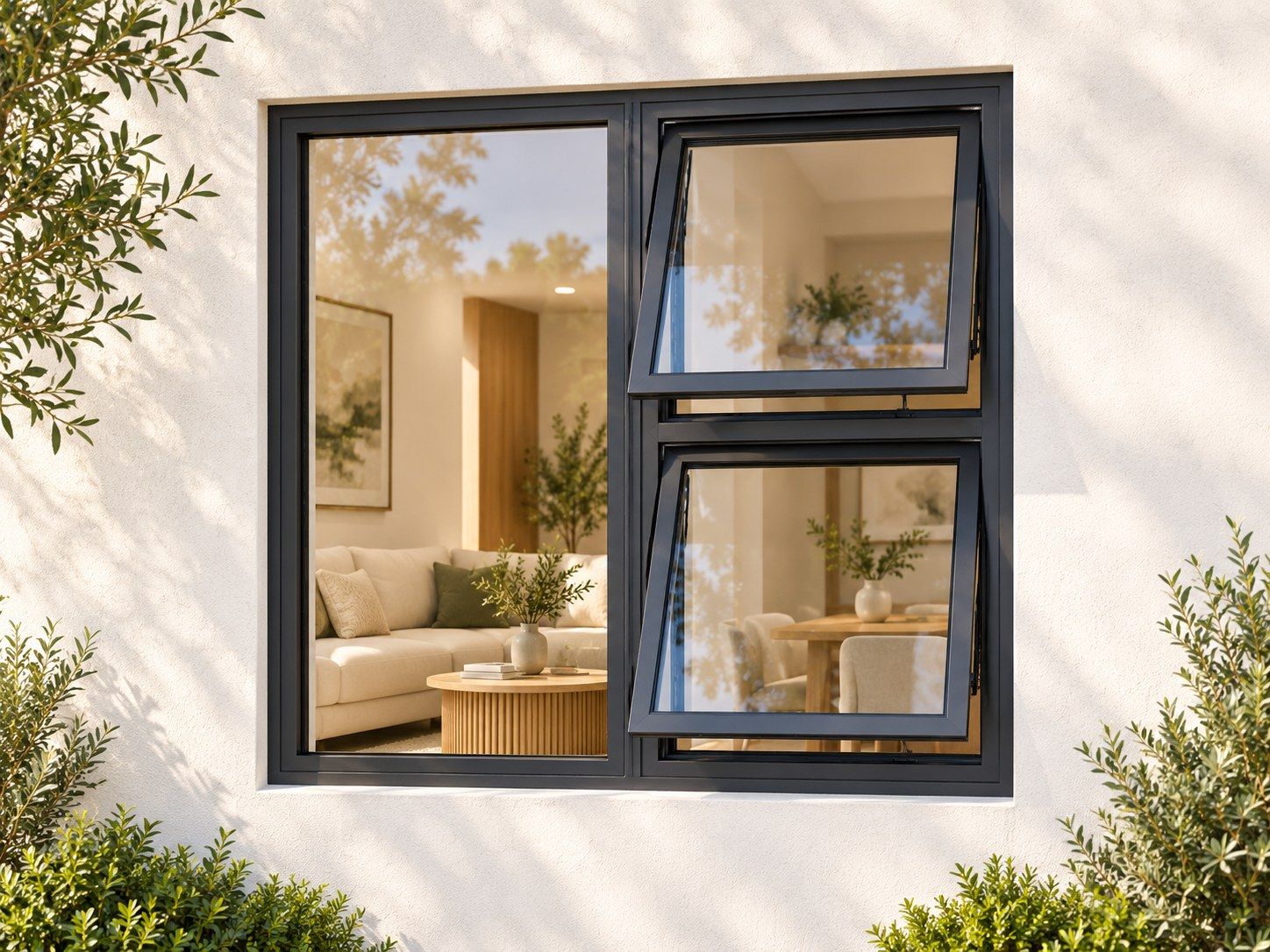 Kenzo Premium Top-Hung Aluminium Window - Charcoal, 1200 1200 mm, Right Two Openers with Fixed Side Pane, Clear Glass
