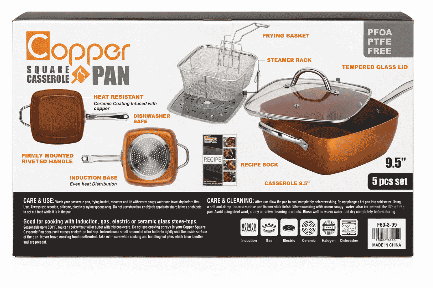 Copper Square Casserole Pan 5-Piece Set with Frying Basket and Glass Lid