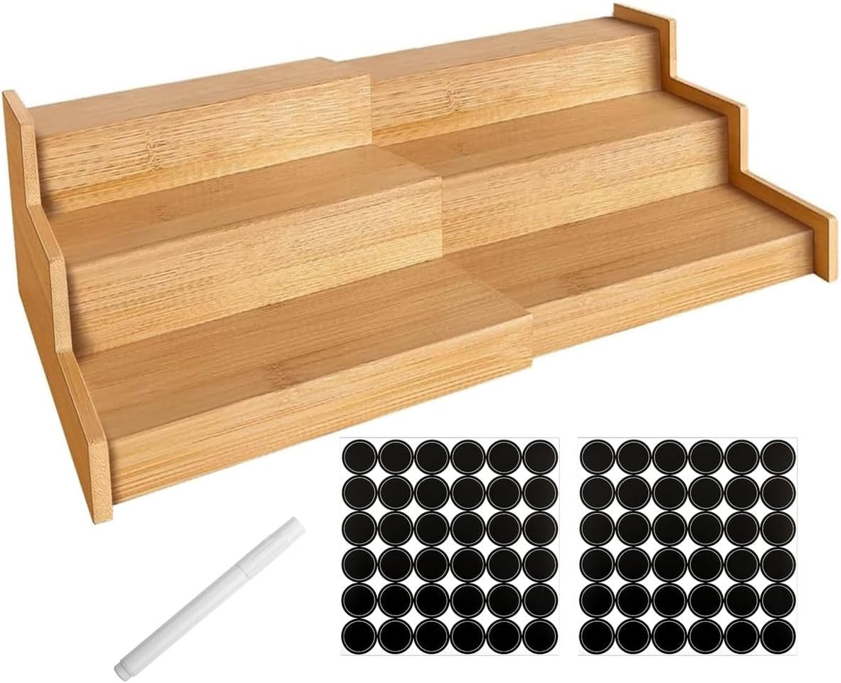 3 Tier Expandbale Bamboo Spice Rack Organiser Cabinet With Labels & Marker - S