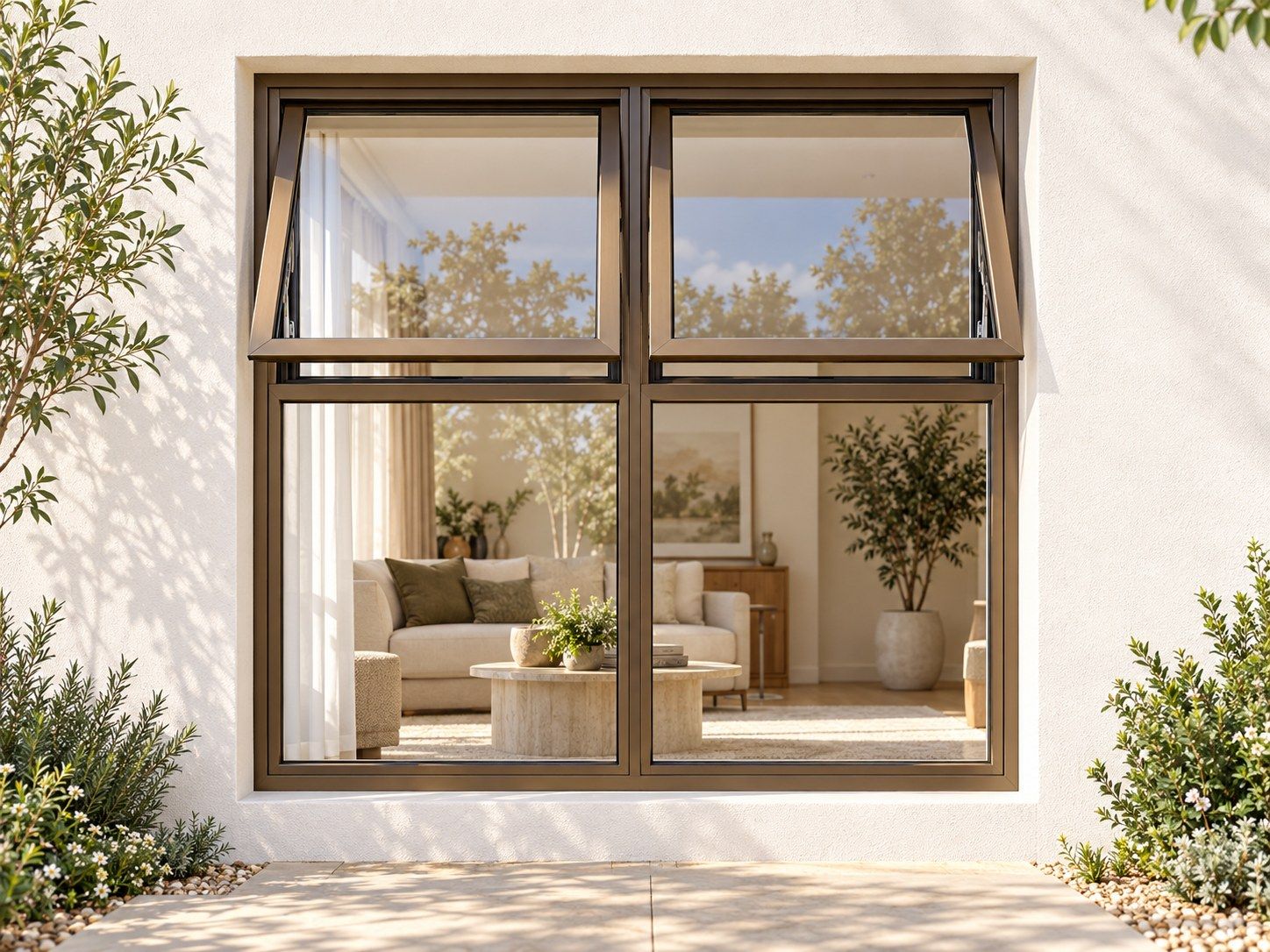 Kenzo Premium Top-Hung Aluminium Window - Bronze, 1500 1500 mm, Two Upper Openers with Fixed Lower Panes, Clear Glass