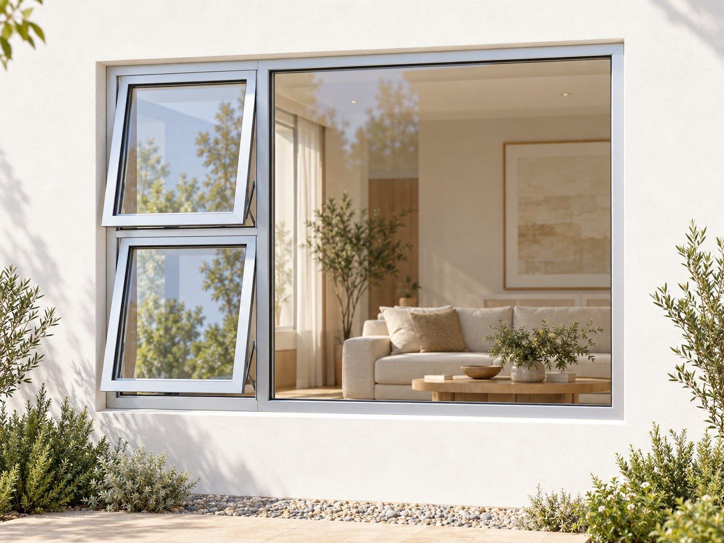 Kenzo Premium Top-Hung Aluminium Window - Silver, 2100 1200 mm, Left Two Openers with Fixed Side Pane, Clear Glass