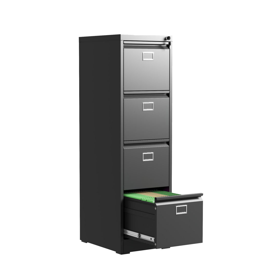 Steel Vertical 4 Drawer Filing Cabinet Cupboard Locker Swan Handle With Card Slots - Black