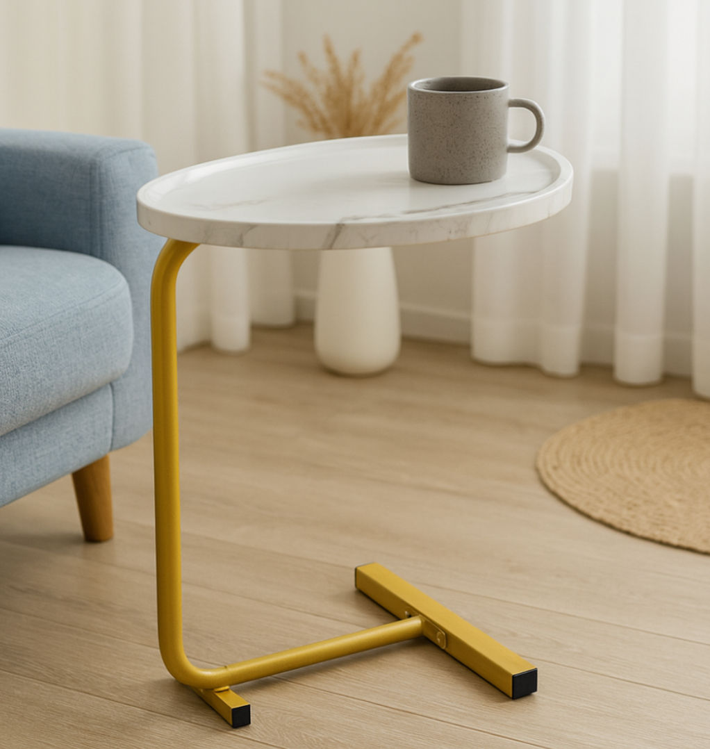 C-Shaped Side Table with Waterdrop Groove –WHT/GLD
