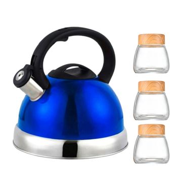 Ecco Stainless Steel Stove Top Whistling Kettle Blue and 3 Glass Jar Combo