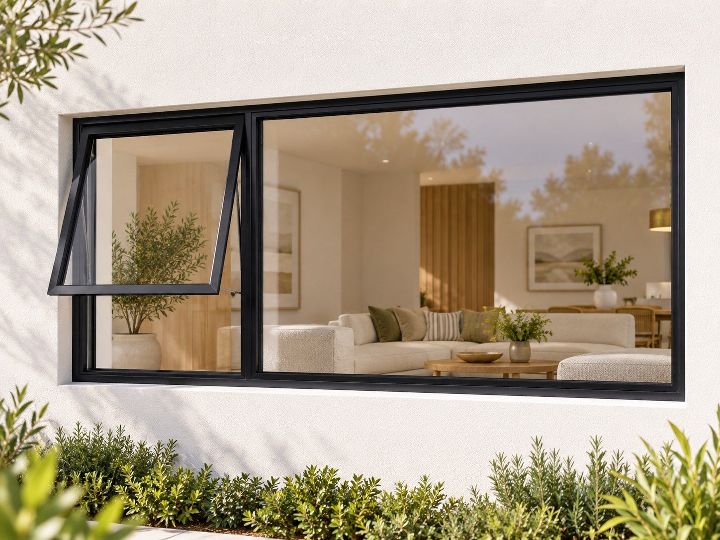 Kenzo Premium Top-Hung Aluminium Window - Black, 2100 600 mm, Left Upper Opener with Fixed Side Pane, Clear Glass