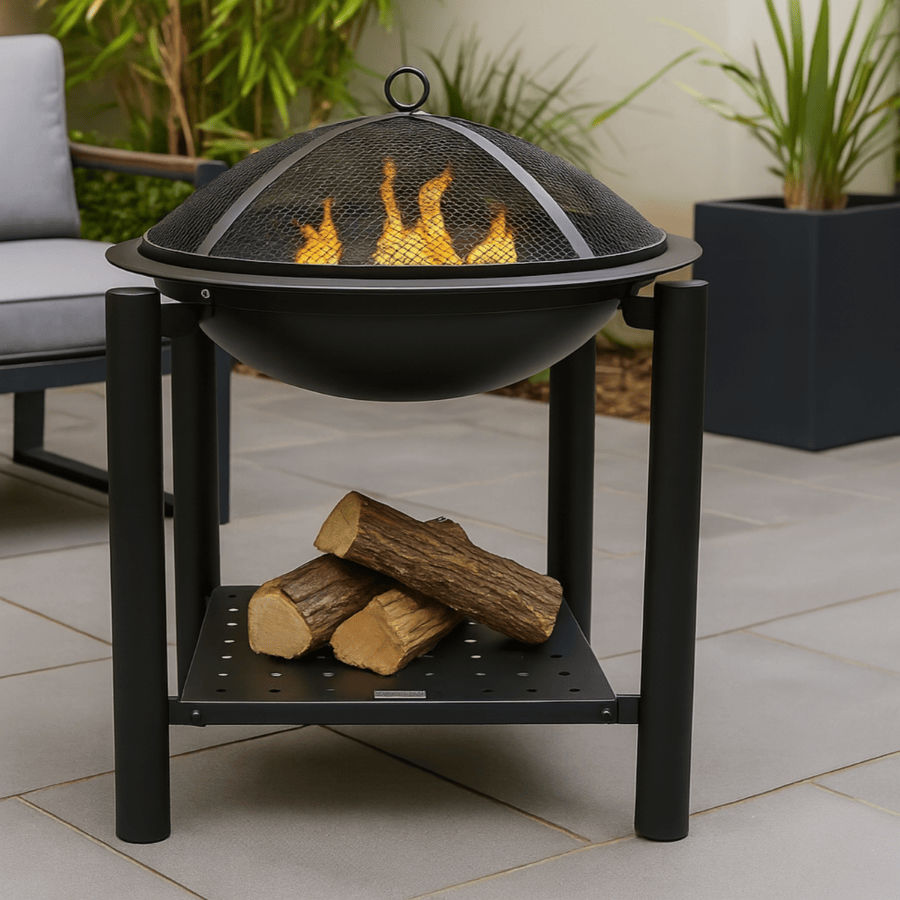 Outdoor Buddy – FestiveForge 57cm Fire Pit & Braai Grill with Wood Rack, Mesh Cover & Fire Poker