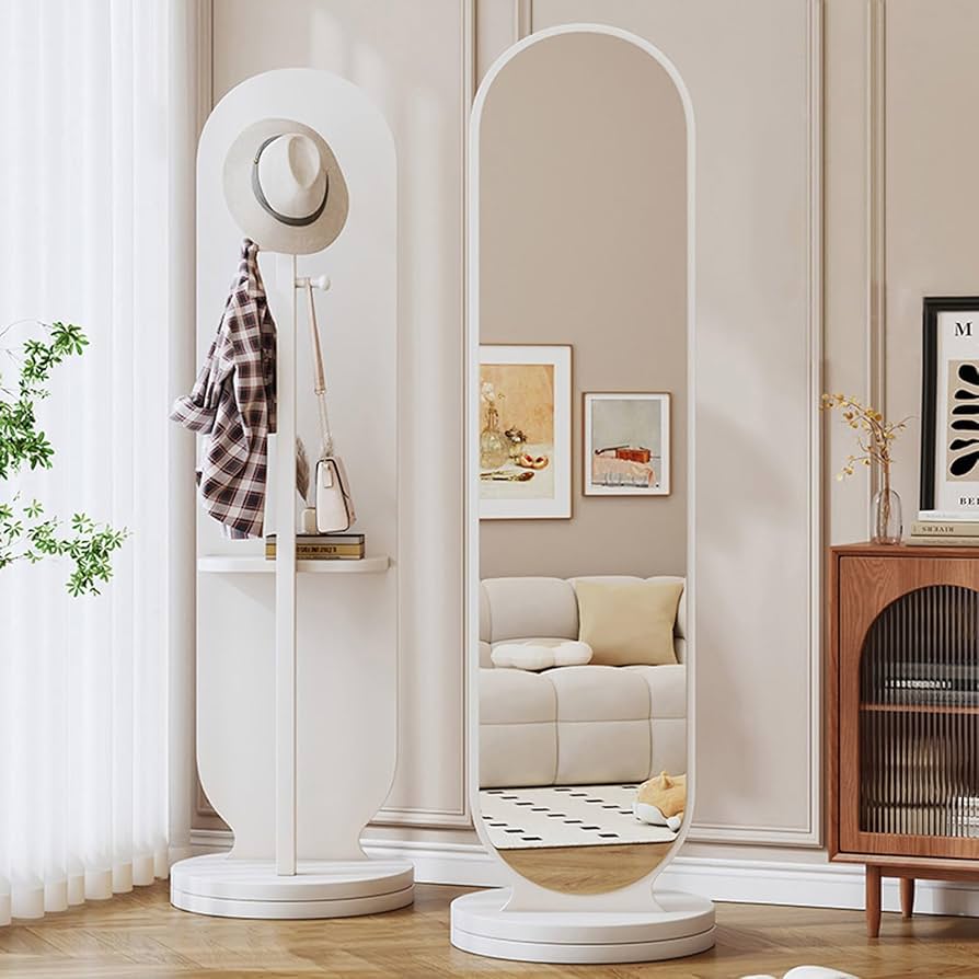 360 Rotating Wood Floor Mirror & Coat Rack - Full Body Mirror with Hooks & Storage Shelf - Modern Style for Living Room & Bedroom (WHITE)