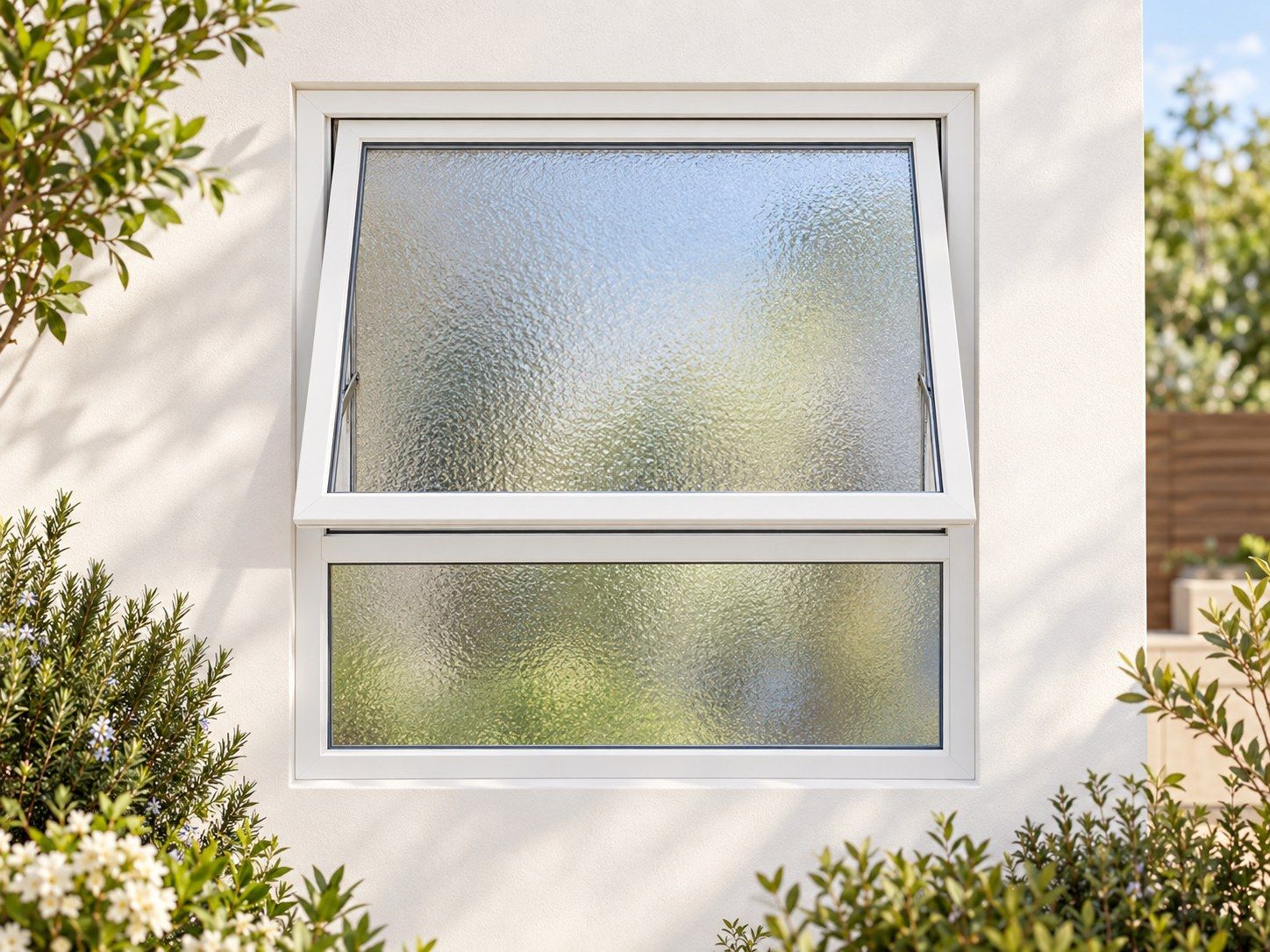 Kenzo Premium Top-Hung Aluminium Window - White, 900 900 mm, Upper Opener with Fixed Lower Pane, Obscure Safety Glass