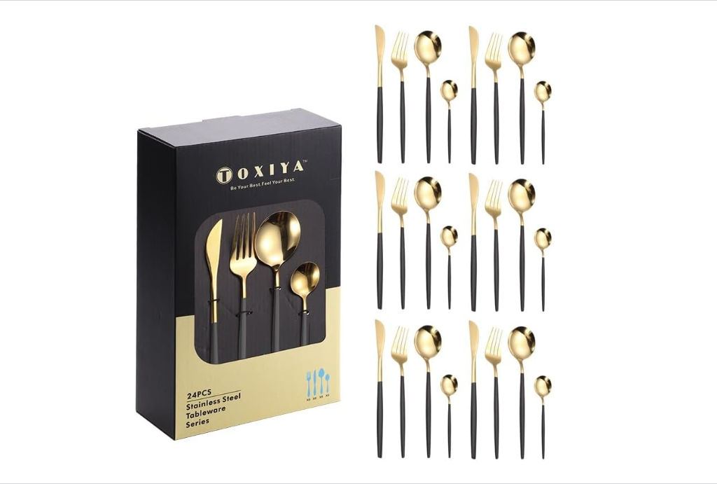 TOXIYA - 24 Piece Flatware Set, Stainless Steel Knife Fork Spoon, Home Dinnerware Tableware Set for 6, Cutlery Set, Include Knives/Forks/Spoons / Black and Gold /