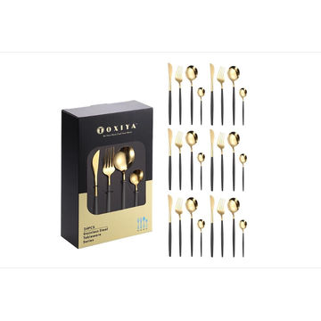 TOXIYA - 24 Piece Flatware Set, Stainless Steel Knife Fork Spoon, Home Dinnerware Tableware Set for 6, Cutlery Set, Include Knives/Forks/Spoons / Black and Gold /