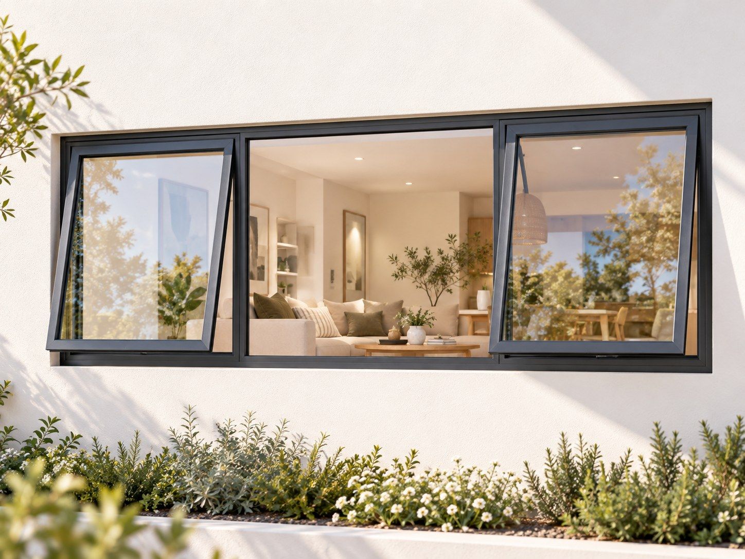 Kenzo Premium Top-Hung Aluminium Window - Charcoal, 2100 600 mm, Two Outer Openers with Fixed Centre, Clear Glass