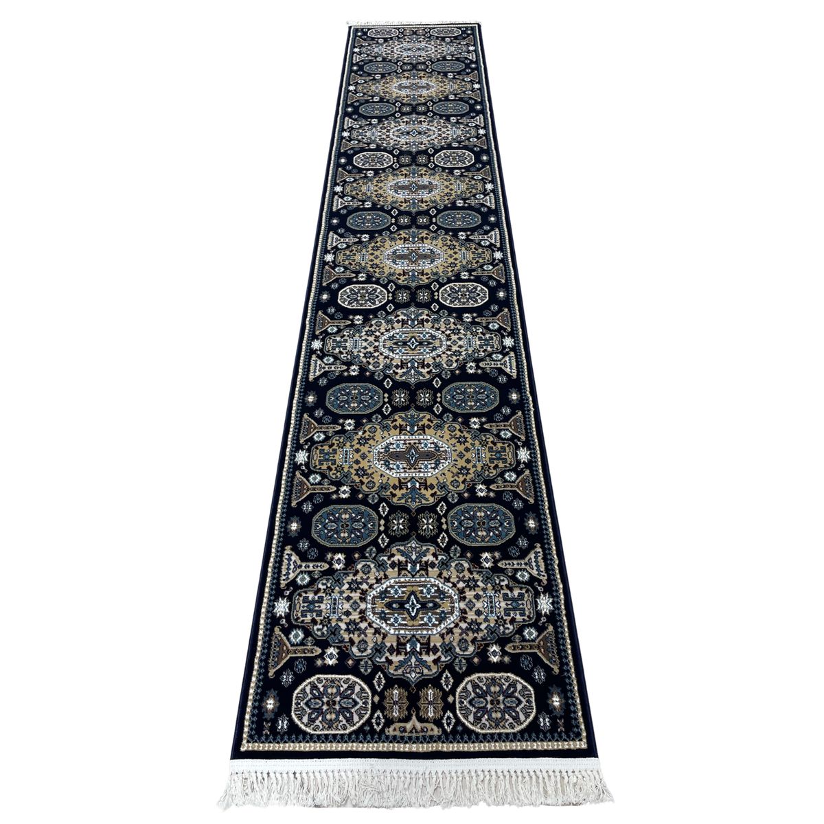 Navy Beige 400 x 80cm Machine Made Turkish Rug