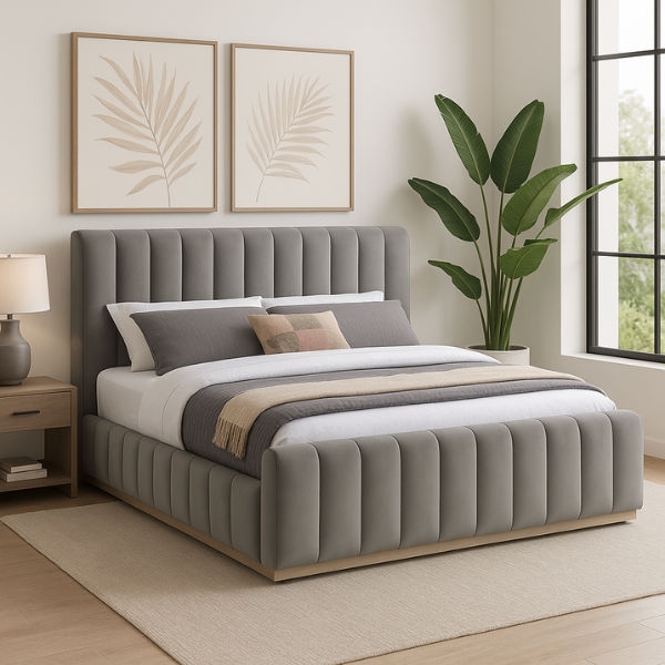 Denia Velvet Upholstered Sleigh Bed Queen Grey