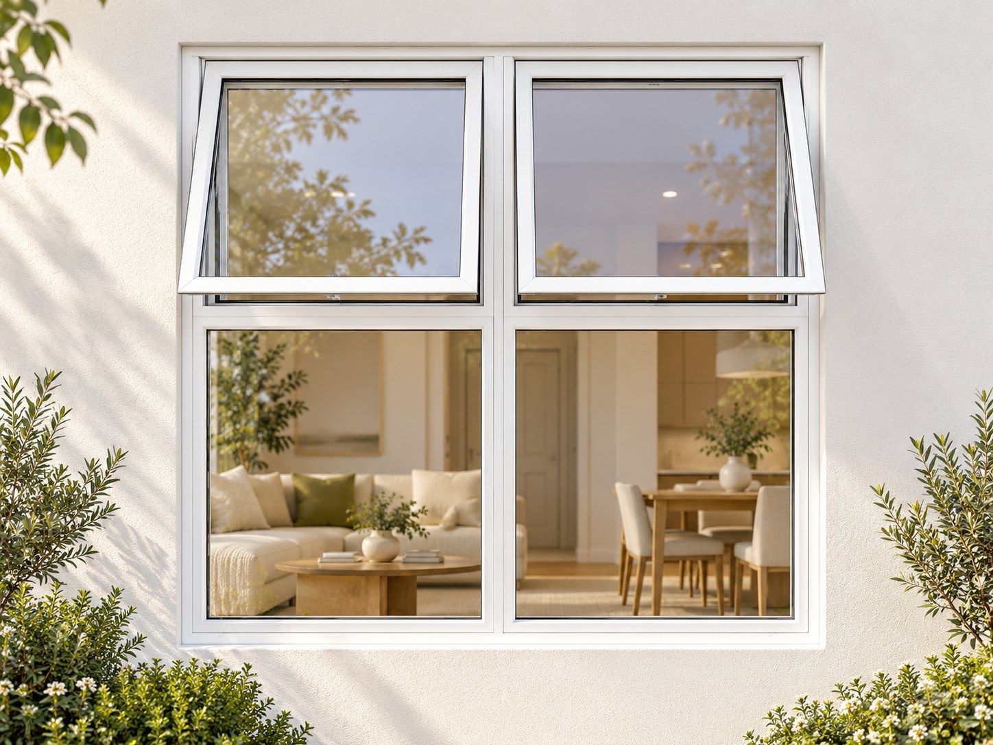 Kenzo Premium Top-Hung Aluminium Window - White, 1200 1200 mm, Two Upper Openers with Fixed Lower Panes, Clear Glass