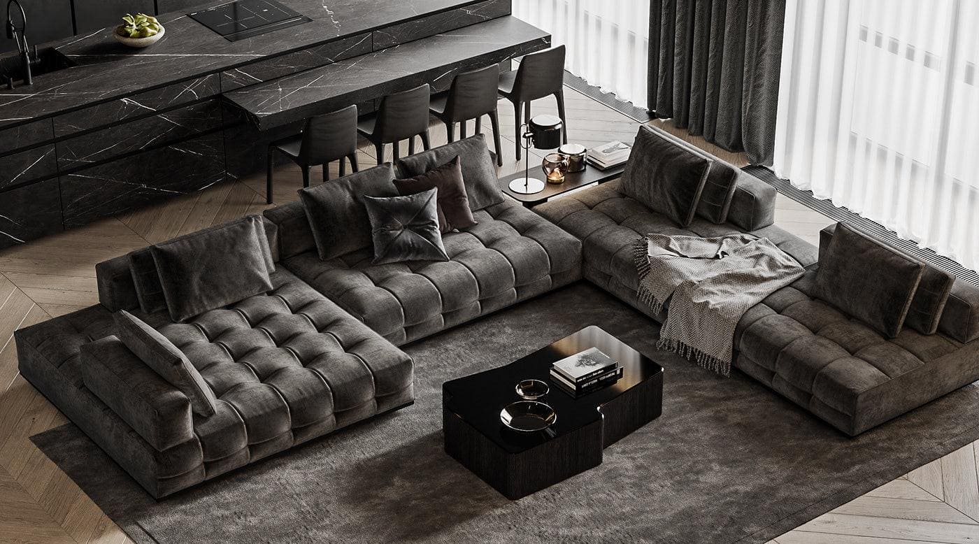 Modern Charcoal Grey Stitched L shape Sofa - Brown