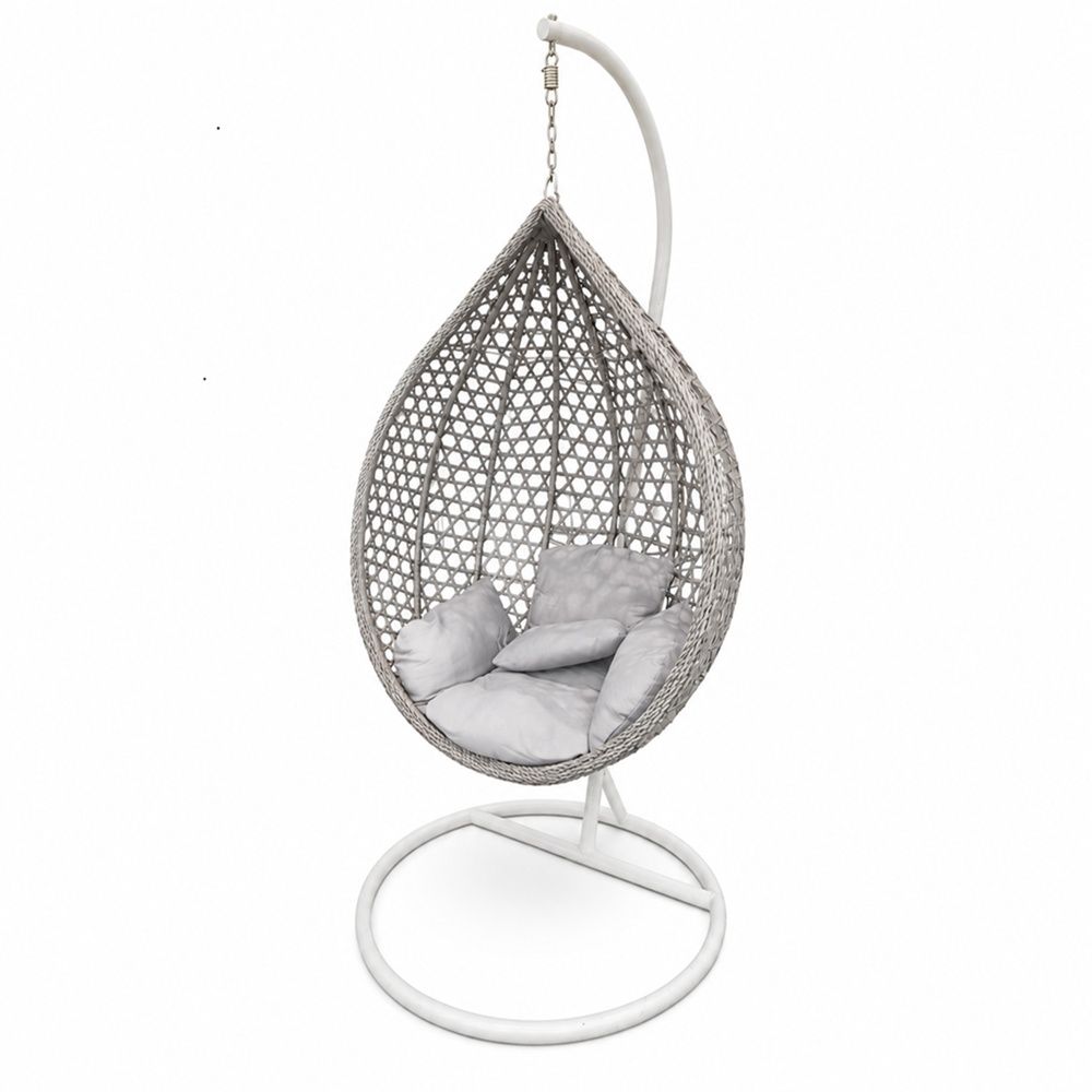 Gray Woven Hanging Egg Chair with Cushions & White Stand