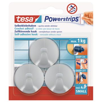 TESA Powerstrips Hooks Small Round 3 Hooks/4 Strips Chrome Matt