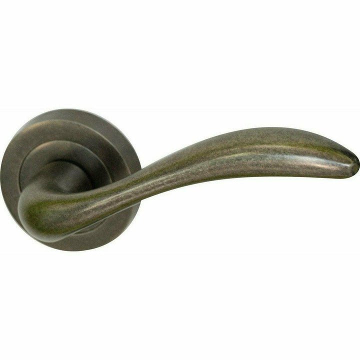 Curved lever handle on rose