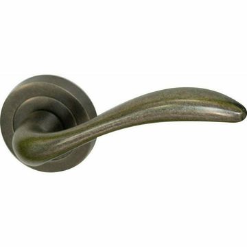 Curved lever handle on rose