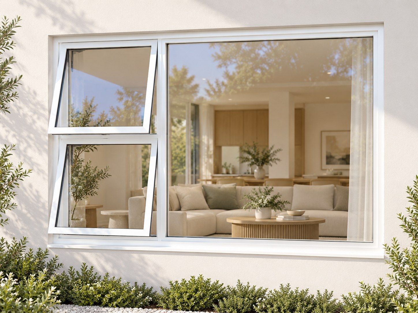 Kenzo Premium Top-Hung Aluminium Window - White, 2100 1200 mm, Left Two Openers with Fixed Side Pane, Clear Glass