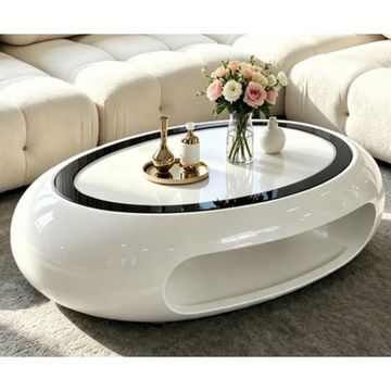 Madiega Furniture - Modern White High-Gloss Oval Coffee Table with Integrated Storage & Black Glass