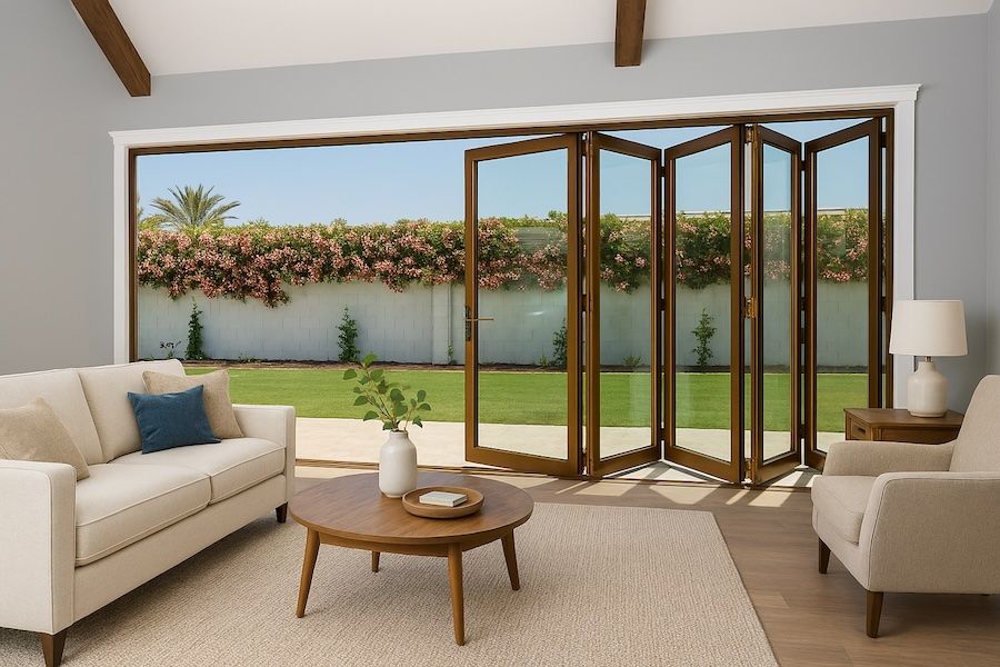 Kenzo- SFD5FG6LB - Aluminium Fold A-Side Door 3mx2.1m Bronze Open to Left Viewed From Outside