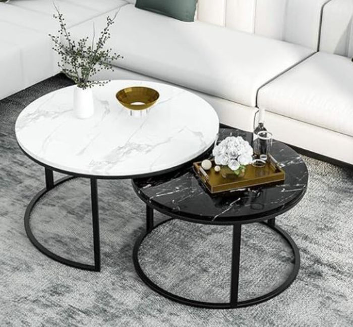 2 White & Black Round Nesting Table Set for Living Room Modern Minimalist Style End Table