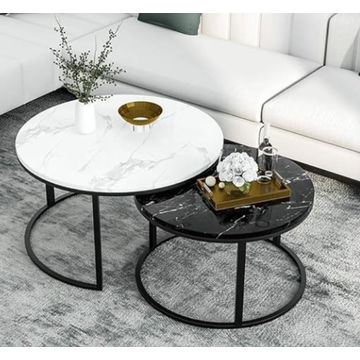 2 White & Black Round Nesting Table Set for Living Room Modern Minimalist Style End Table