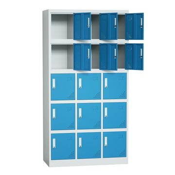 Steel 15 Door Locker Cupboard Storage Cabinet Inner Handle With Lock - Light Grey and Blue