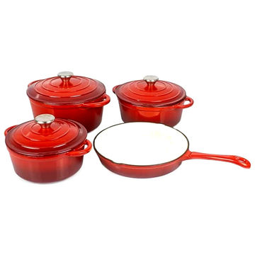 7 Piece Cast Iron Dutch Oven Cookware Pot & Stout Pan Set Red