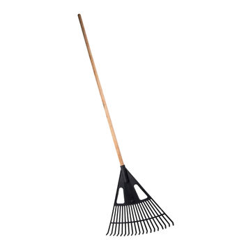 Leaf rake-plastic x wooden handle-long flat teeth