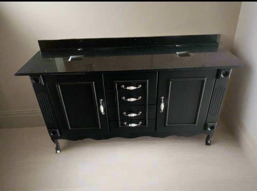 Black double vanity , 4 drawer with black galaxy quartz top & luxurious antique pewter handles.