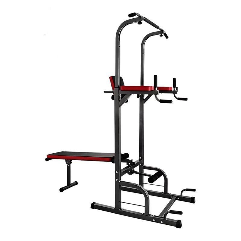 Power Tower Pull Up Bar Dip Station, Multi-Function Home Gym Equipment, Black and Red, Adjustable Height with Bench
