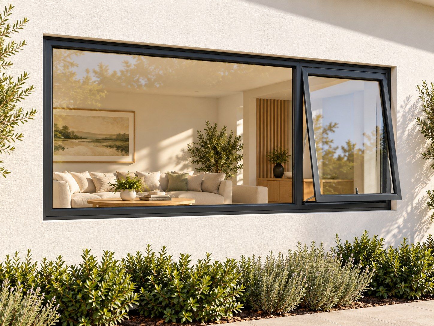 Kenzo Premium Top-Hung Aluminium Window - Charcoal, 2100 600 mm, Right Upper Opener with Fixed Side Pane, Clear Glass