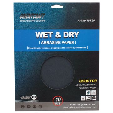 Pack of 10 - Wet and Dry Abrasive Sand Paper - 220 Grit