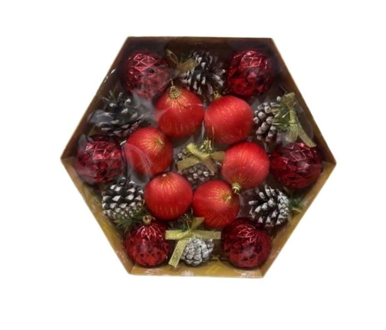 Christmas Ornament Set, Pine Cones and Baubles, Hexagon Gift Box-Red